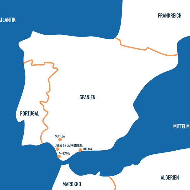 Map of Spain, location of the surf camp El Palmar