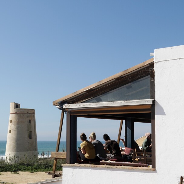 Terrace at the A-Frame surf camp in El Palmar