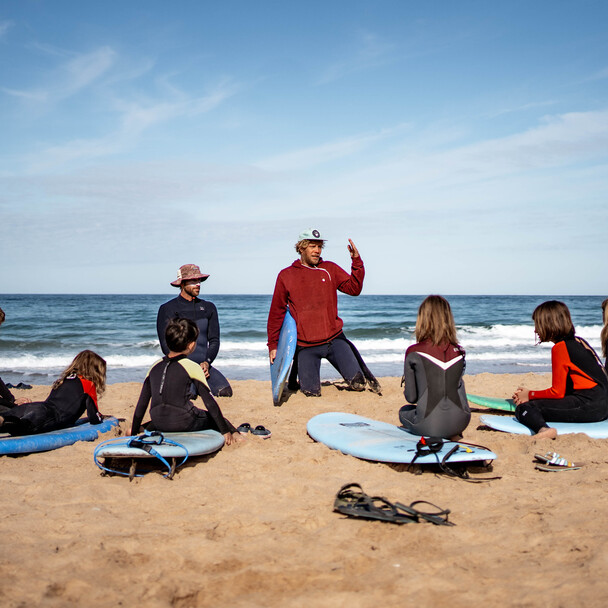 Ablauf Surfen lernen, Surfkurs am Strand, Surflehrer erklärt Theorie