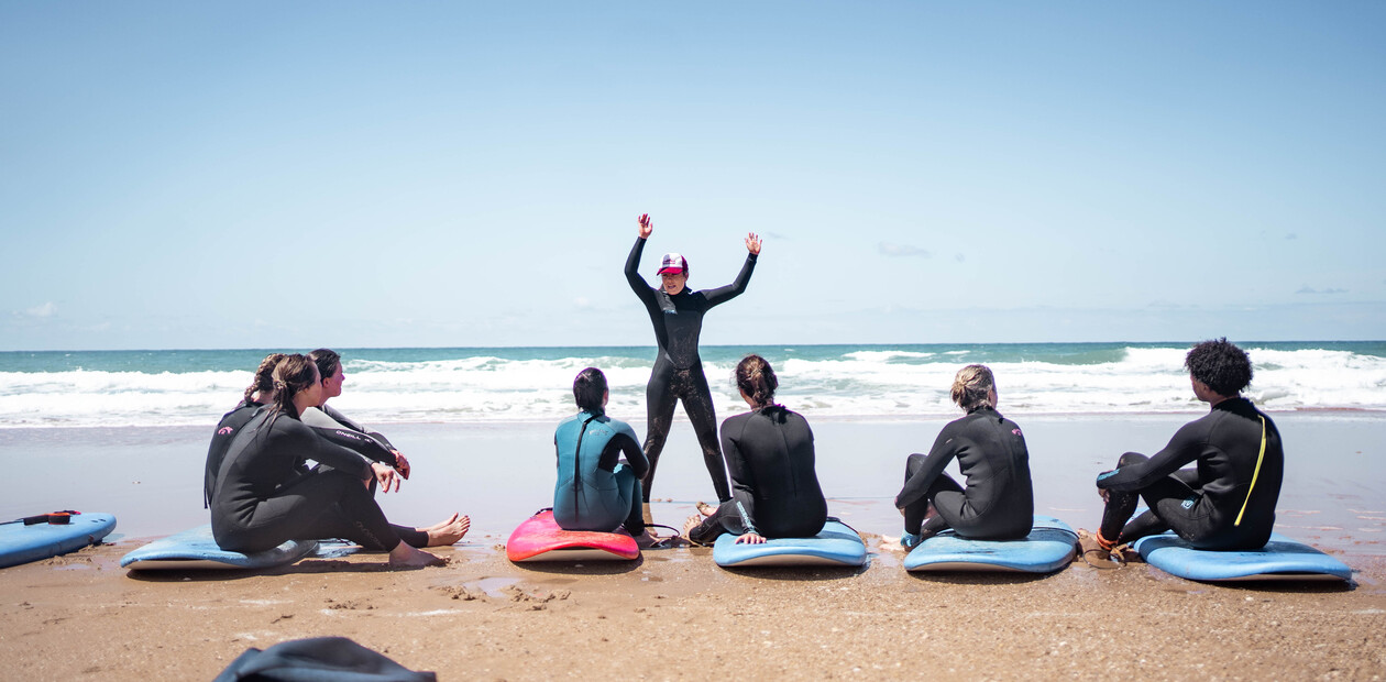 Surf instructor training, group on the beach