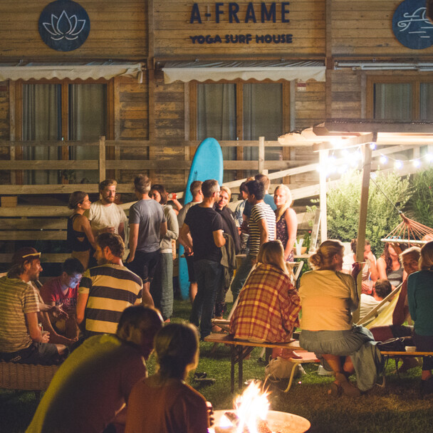 Campfire at the yoga house in the A-Frame surf camp