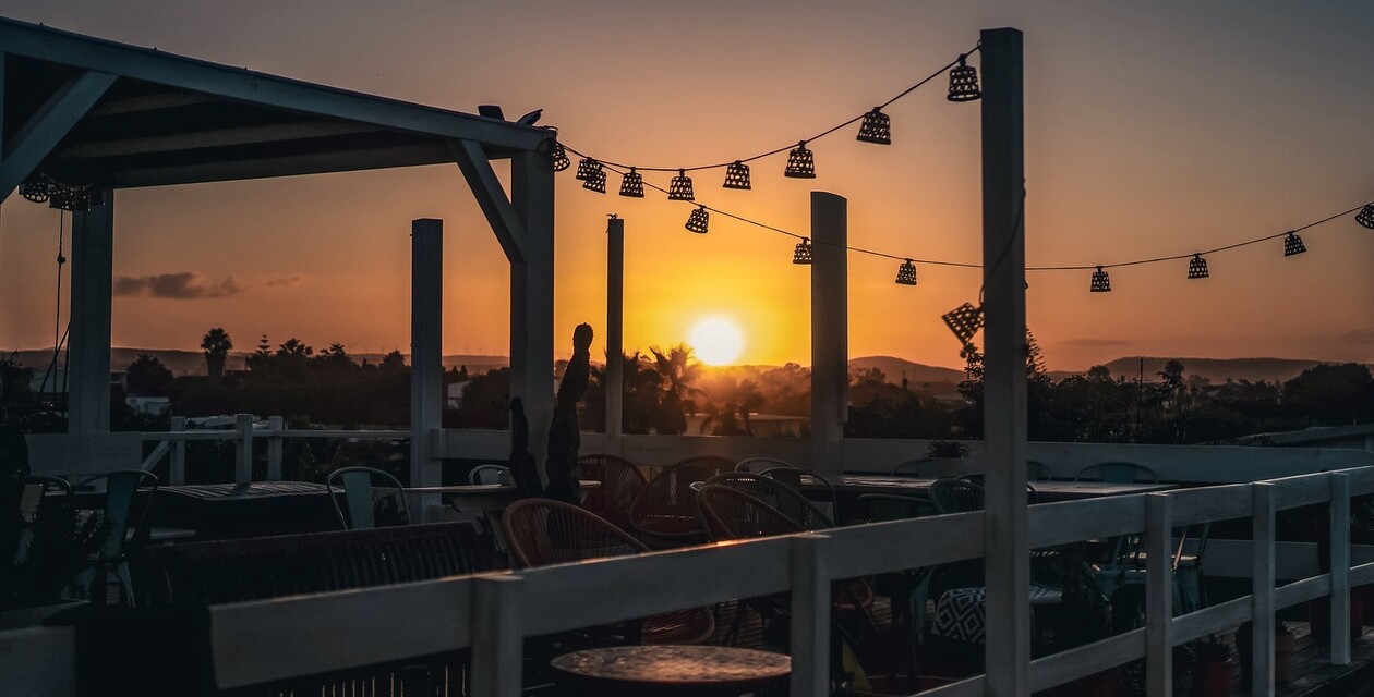 Terrace and sunrise, menopause yoga retreat